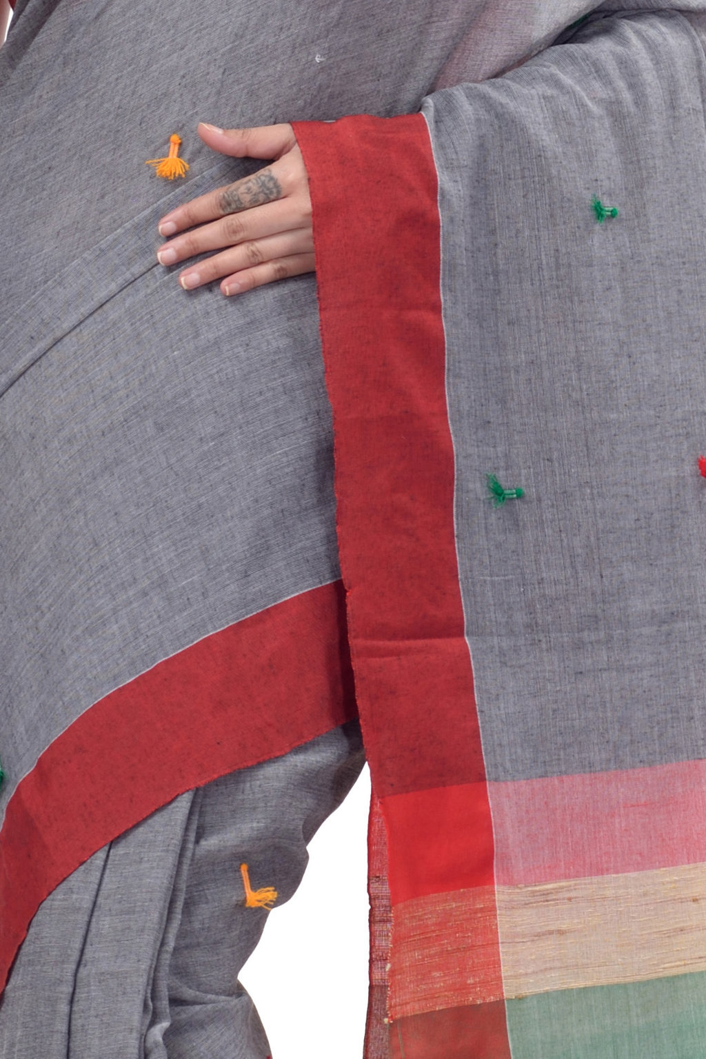 Grey Pure Cotton Clacial Desigined Hand Loom Saree (120)